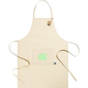 A cream-coloured apron with a front pocket and a branding tag. Features ties for secure fit.