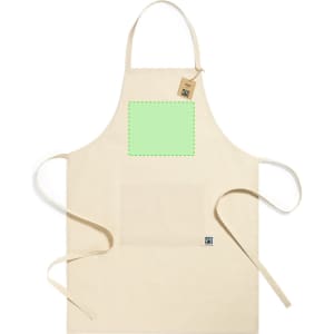 A cream-coloured apron featuring a green pocket area and a logo tag on the side.