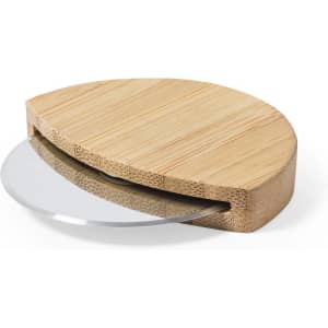 A bamboo pizza cutter with a stainless steel blade, featuring a circular design and a wooden base.