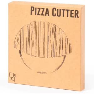 A pizza cutter in a brown cardboard box with a simple illustration and a logo.