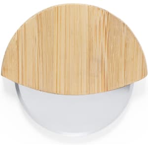 A pizza cutter with a bamboo handle and a round stainless steel blade, designed for easy slicing.