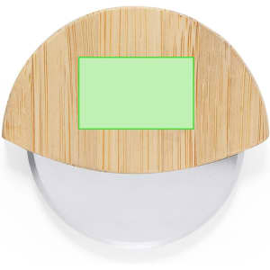 A pizza cutter with a round clear blade and a wooden handle featuring a rectangular area.