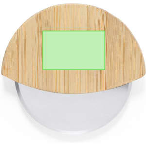A round pizza cutter with a wooden handle and a clear cutting blade. It features a blank green area on the top.
