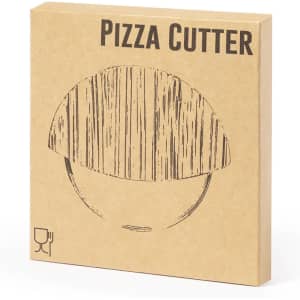 A pizza cutter in a brown box with a minimalist design, featuring a logo on the side.