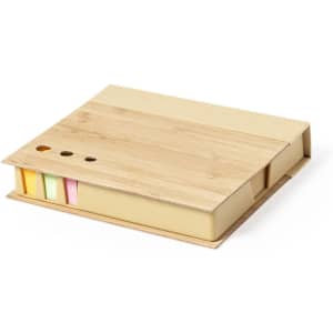 A bamboo notepad with a cream base and colourful sticky note tabs in pink, green, and yellow.