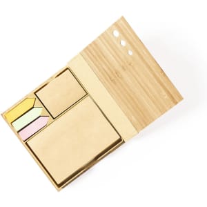 A bamboo notepad with various sized sticky notes in pastel colours. It includes a flap for organisation and has a logo.