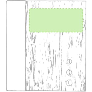A notepad with a wood grain design, featuring a green label area and three circular icons, with a white side.