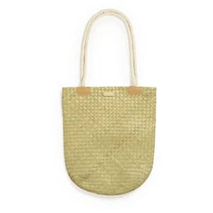 A woven tote bag in a light tan colour with rope handles and a subtle logo.