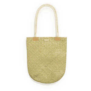 A straw tote bag in a light green hue with rope handles and a simple logo.