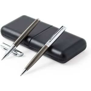 A metallic pen set with a textured finish in silver and dark grey, housed in a sleek black case.