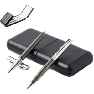 A black gift box containing two metal pens, one with a textured finish and the other with a polished barrel.