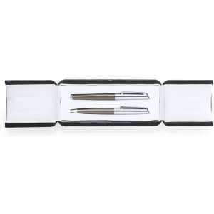 A set of two metal pens in a black and white presentation box. The pens have a sleek design with silver accents.