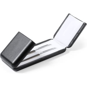 A black case containing three metal pens, neatly arranged inside with a soft white lining.