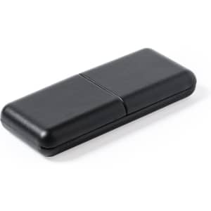 A sleek black case designed to hold metal pens, featuring a smooth surface and a simple clasp mechanism.