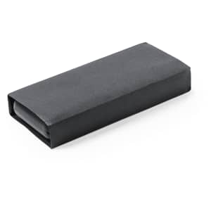 A sleek black packaging box containing a metal pen set, featuring a minimalist design and logo.