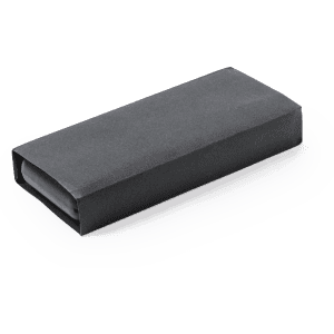 A dark grey box containing a set of metal pens. The box has a sleek design and features a logo.