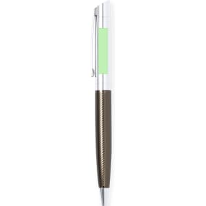 A metal pen with a silver clip and a textured brown grip, featuring a small area for branding.