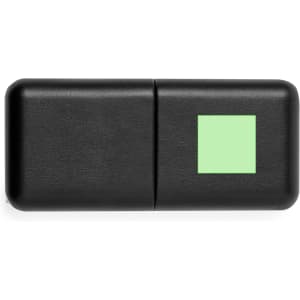A black promotional product case with a small square green accent, featuring a logo.