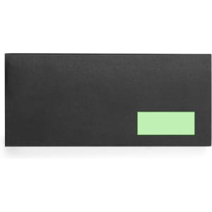 A black envelope featuring a green label. The envelope is plain with no additional designs or features.