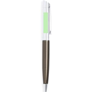 A metal pen with a sleek silver and bronze design, featuring a green accent and a clip for easy carrying.