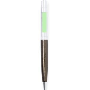 A metal pen featuring a slim, textured dark brown body and a smooth silver top, with a green section for branding.