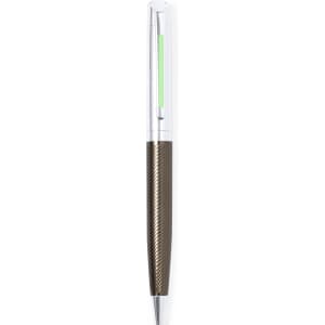 A metal pen in a sleek design with a textured brown grip and a clear top, featuring a logo.