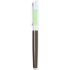 A metal pen featuring a sleek design with a silver and green colour scheme, including a logo on the barrel.