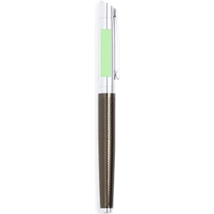 A metal pen in silver and brown with a clip and a branding logo on the side.