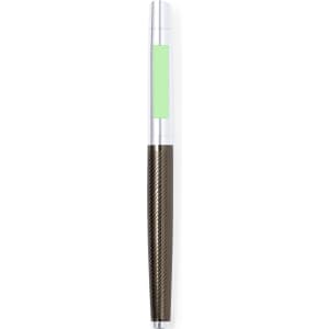 A metal pen featuring a silver top and a dark textured grip with a green accent panel. It has a branding logo.