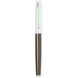 A metal pen with a sleek brown design and accents in green, packaged in clear plastic. It features a branding logo.