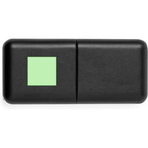 A black rectangular product with a green square section, featuring a logo.