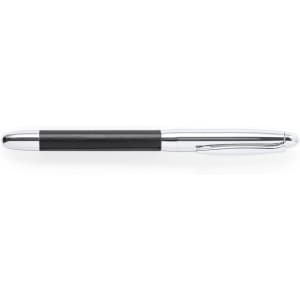 A sleek pen featuring a black grip and a shiny silver clip, with a polished chrome body.
