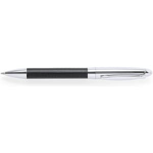 A sleek black and silver pen with a chrome finish and a textured grip. It features a clip and branding.