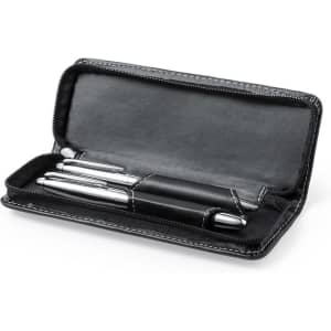 A sleek black pen case containing three silver pens and lined with a soft interior. Features a branding logo.