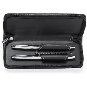 A black zippered case contains two silver pens, arranged neatly with a padded divider in the middle.