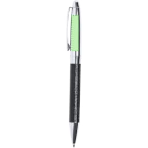 A pen with a chrome finish, black textured grip, and a bright green accent on the clip. It includes a branding logo.