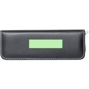 A black pen case with a green section, featuring a logo on the front and white stitching along the edges.