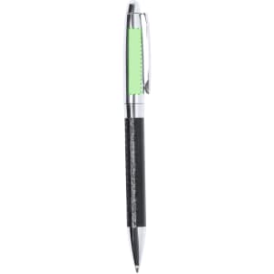 A black and green pen with a silver clip and trim, featuring a textured grip and a branded element.