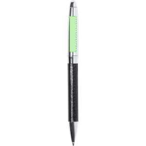 A sleek black pen with a silver clip and a bright green accent, featuring a smooth finish and a branding logo.