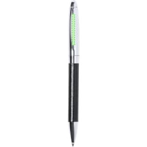 A sleek black pen with a chrome clip and a green accent, featuring a textured grip and logo.