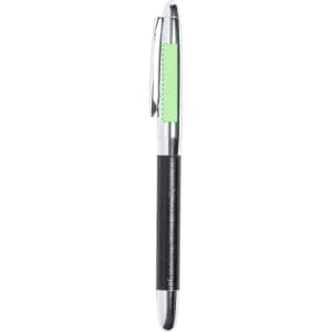 A sleek pen with a black leather grip and a chrome finish, featuring a green accent section and a logo.