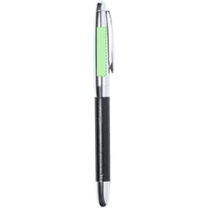 A sleek pen with a silver barrel, a green accent, and a black leather grip. The pen features a clip and branding.