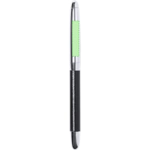 A sleek black pen with a shiny silver tip and a green accent on the barrel. It features a branding logo.