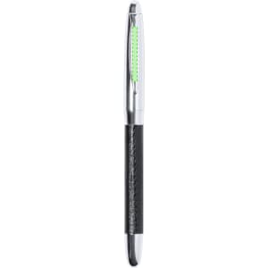 A luxury pen with a chrome finish and a black leather grip, featuring a green highlight and branding.