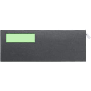 A black pen packaging with a green label and a ribbon for easy opening, featuring a minimalist design.