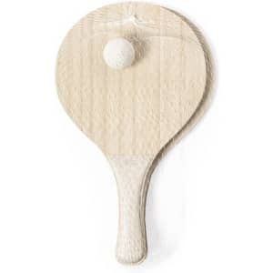 A pair of white beach rackets with a ball positioned on one, featuring a textured surface and a handle.