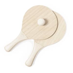 Two wooden beach rackets in a light colour with a central ball, featuring smooth handles and a simple design.