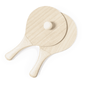 Two wooden beach rackets in a light colour, featuring a smooth surface and round hitting area.