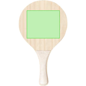 A wooden beach racket with a flat paddle design and a green rectangular area on the face.