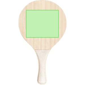 A wooden beach racket with a light wooden finish, featuring a blank green centre and a white handle.
